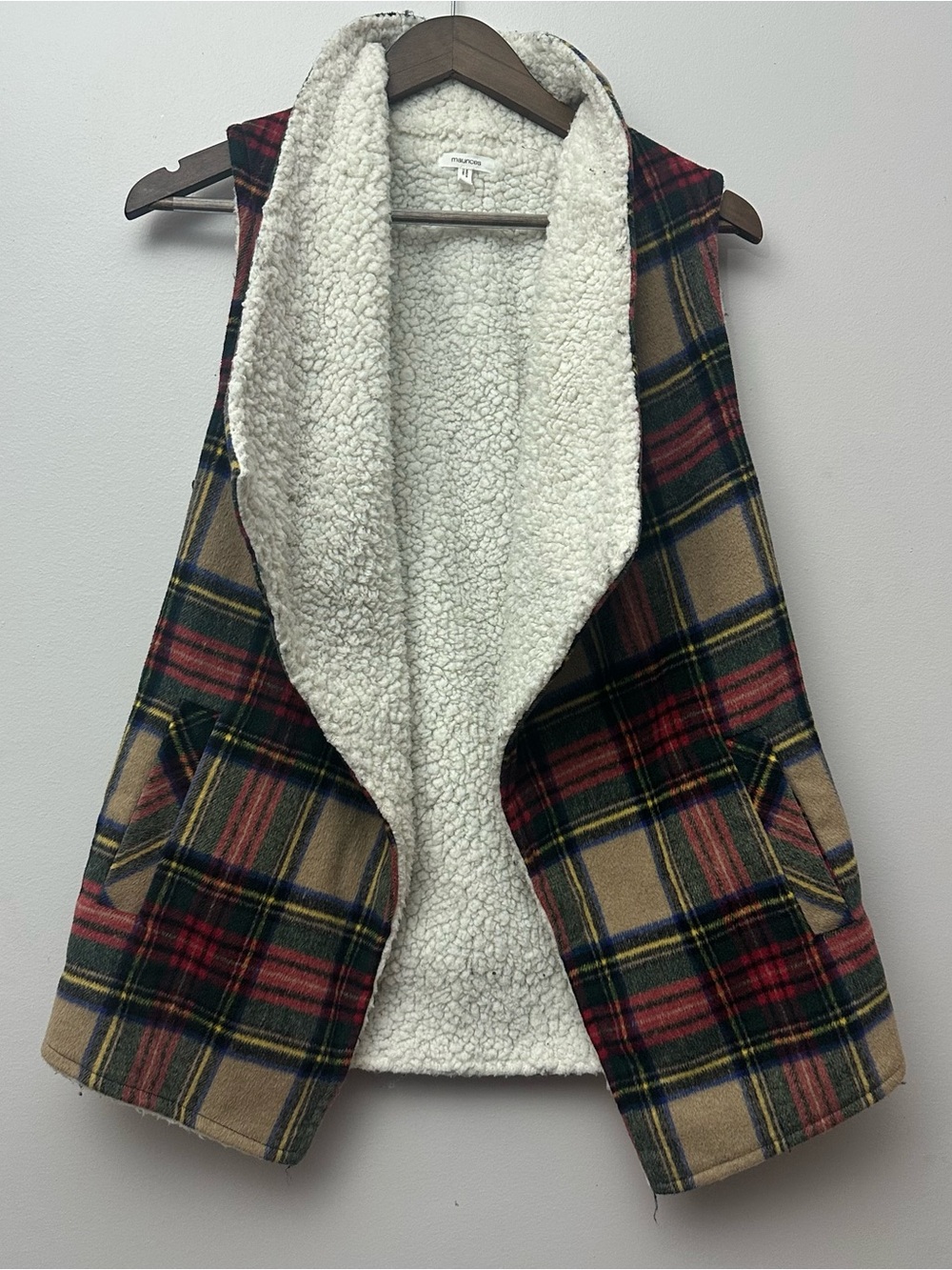 Maurices Womens XS Plaid Sherpa Lined Open Front Vest Cozy Winter Soft